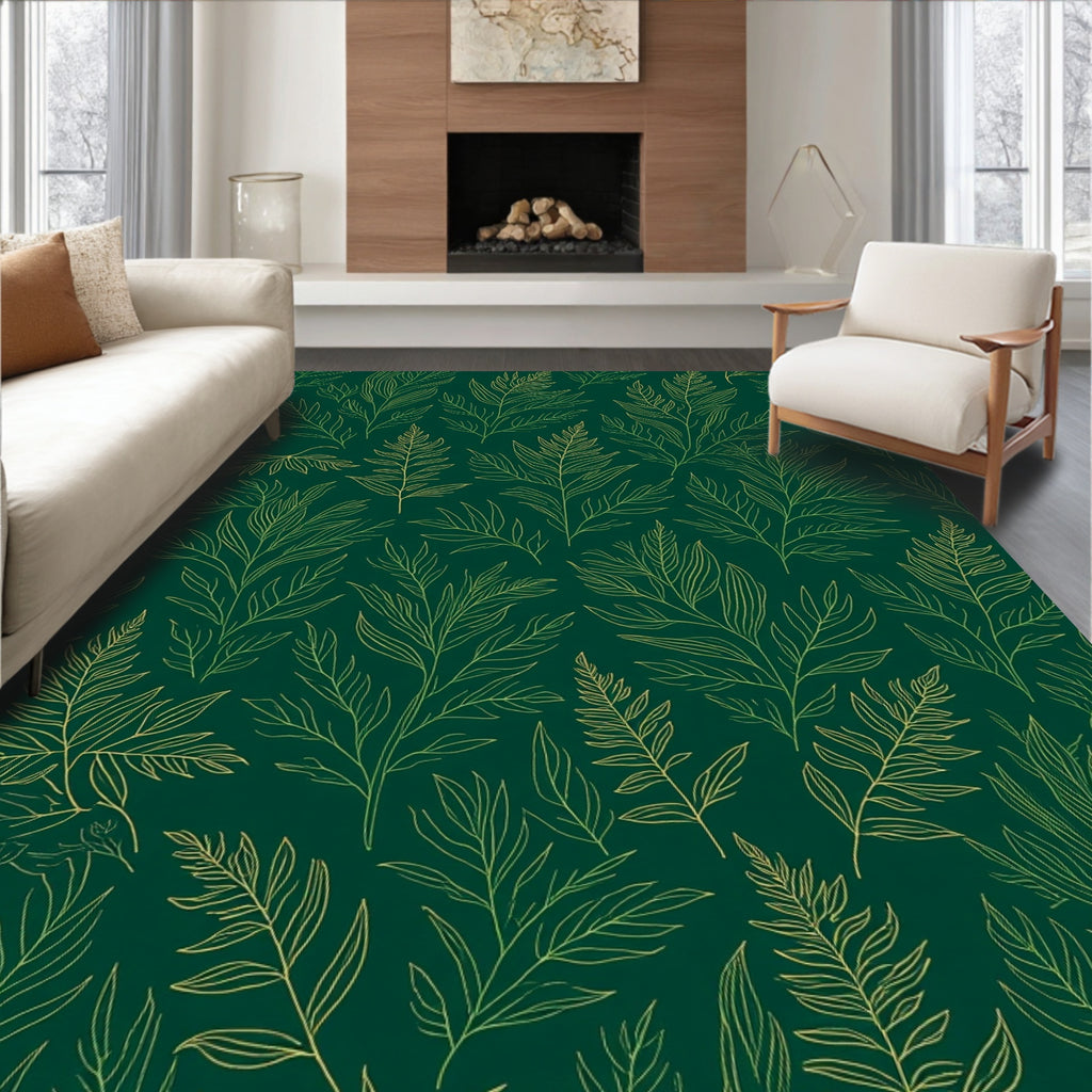 Elegant Green Leaf Botanical Pattern Rug