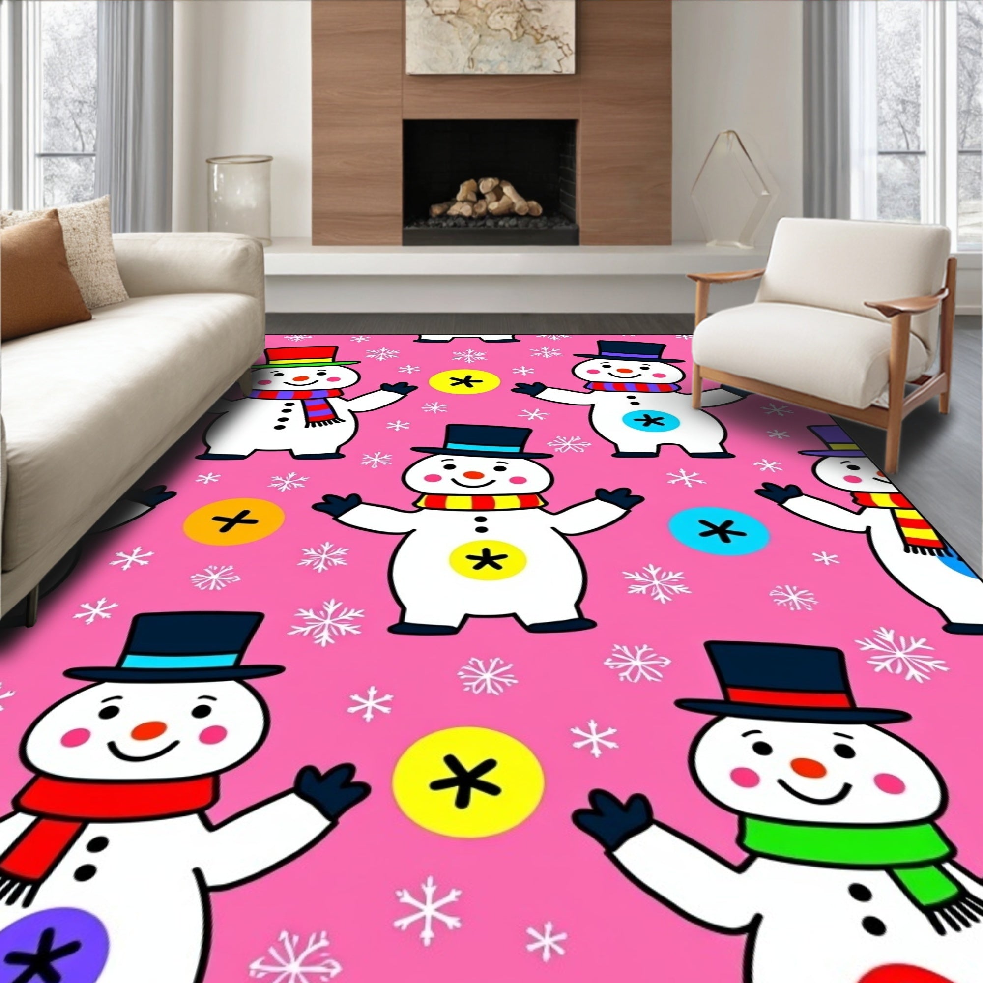Whimsical Pink Snowman Winter Wonderland Rug