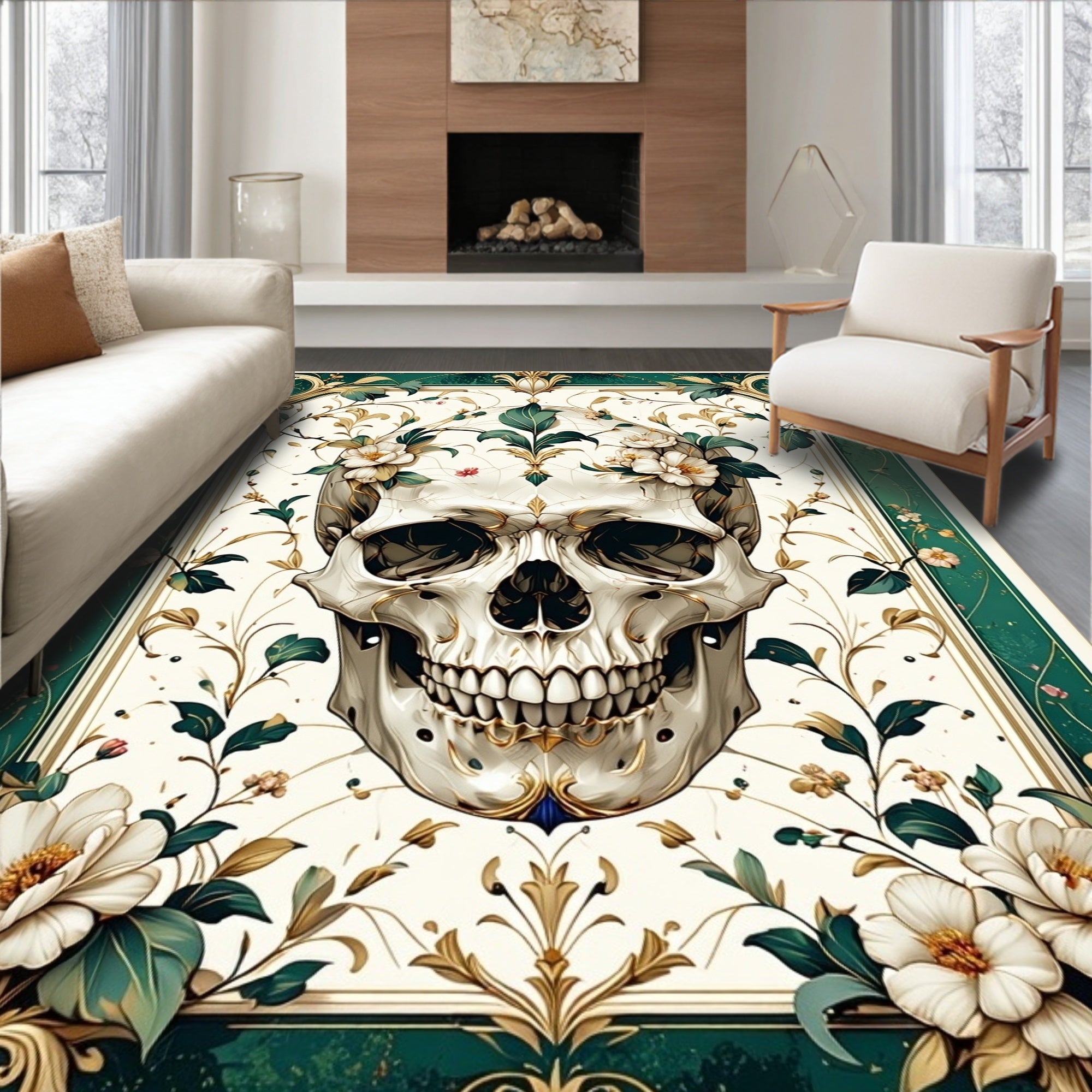 Elaborate Skull Floral Pattern Rug