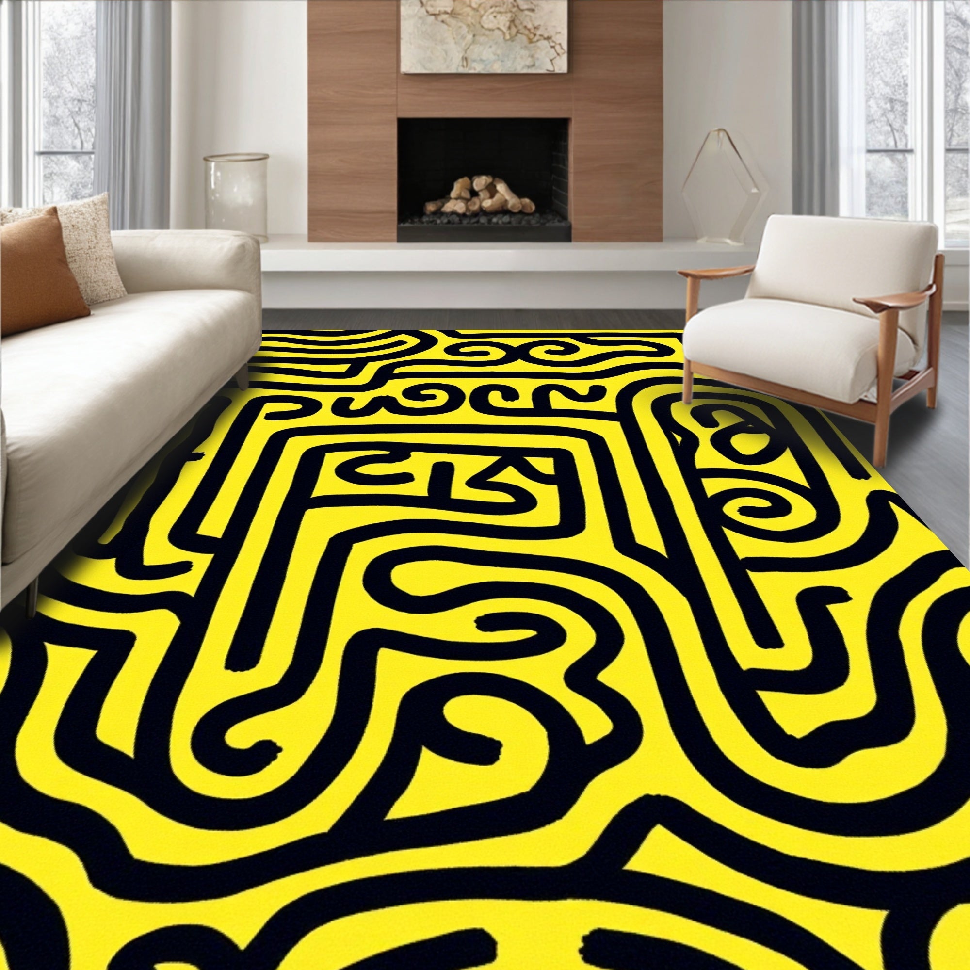 Bold Yellow Labyrinth Pattern Rug