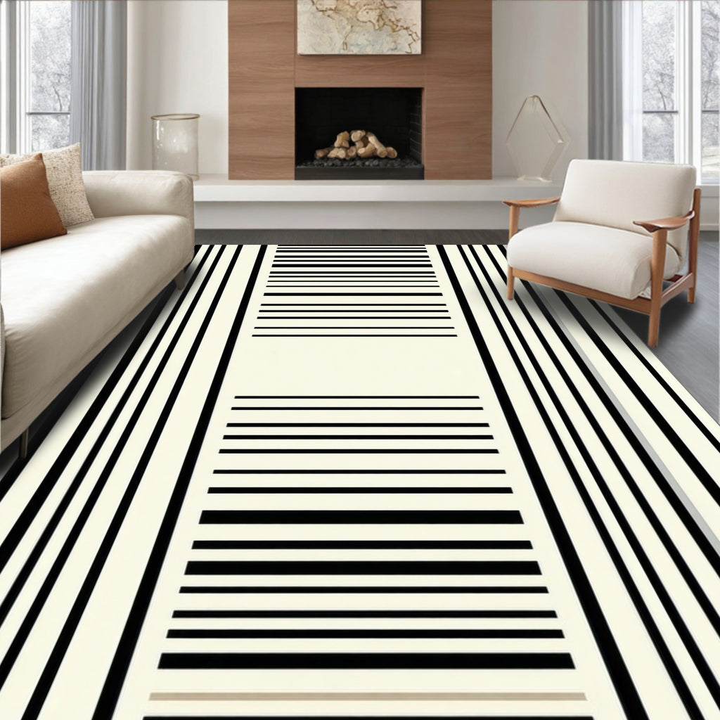 Minimalist Black Cream Stripe Design Rug