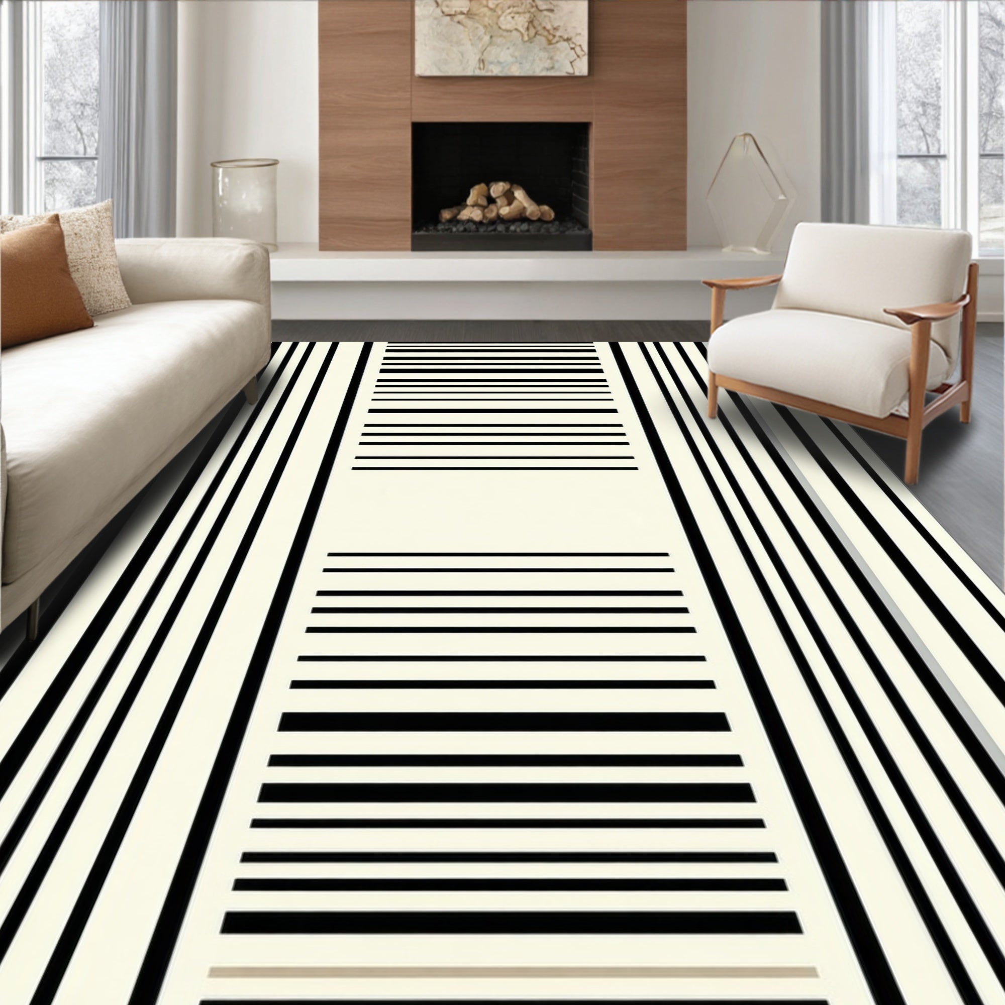 Minimalist Black Cream Stripe Design Rug