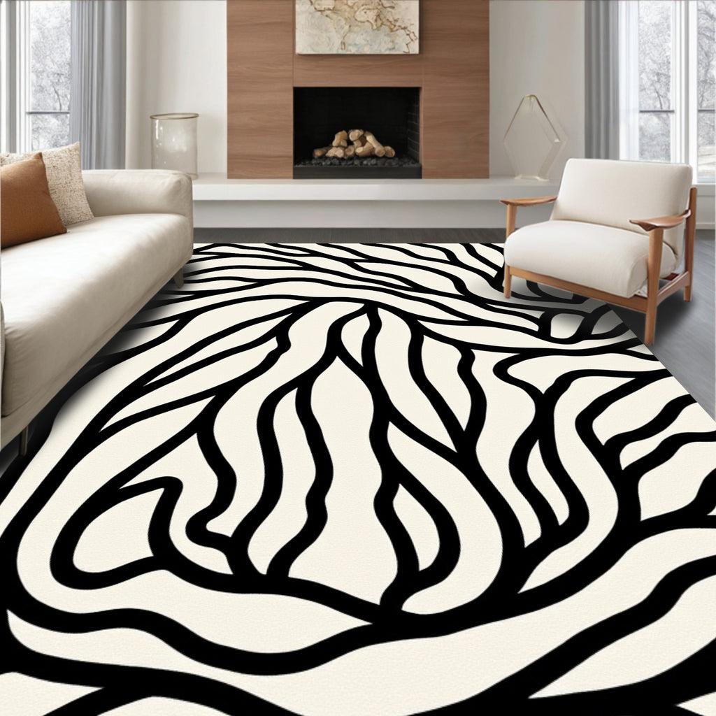 Abstract Black White Organic Lines Rug