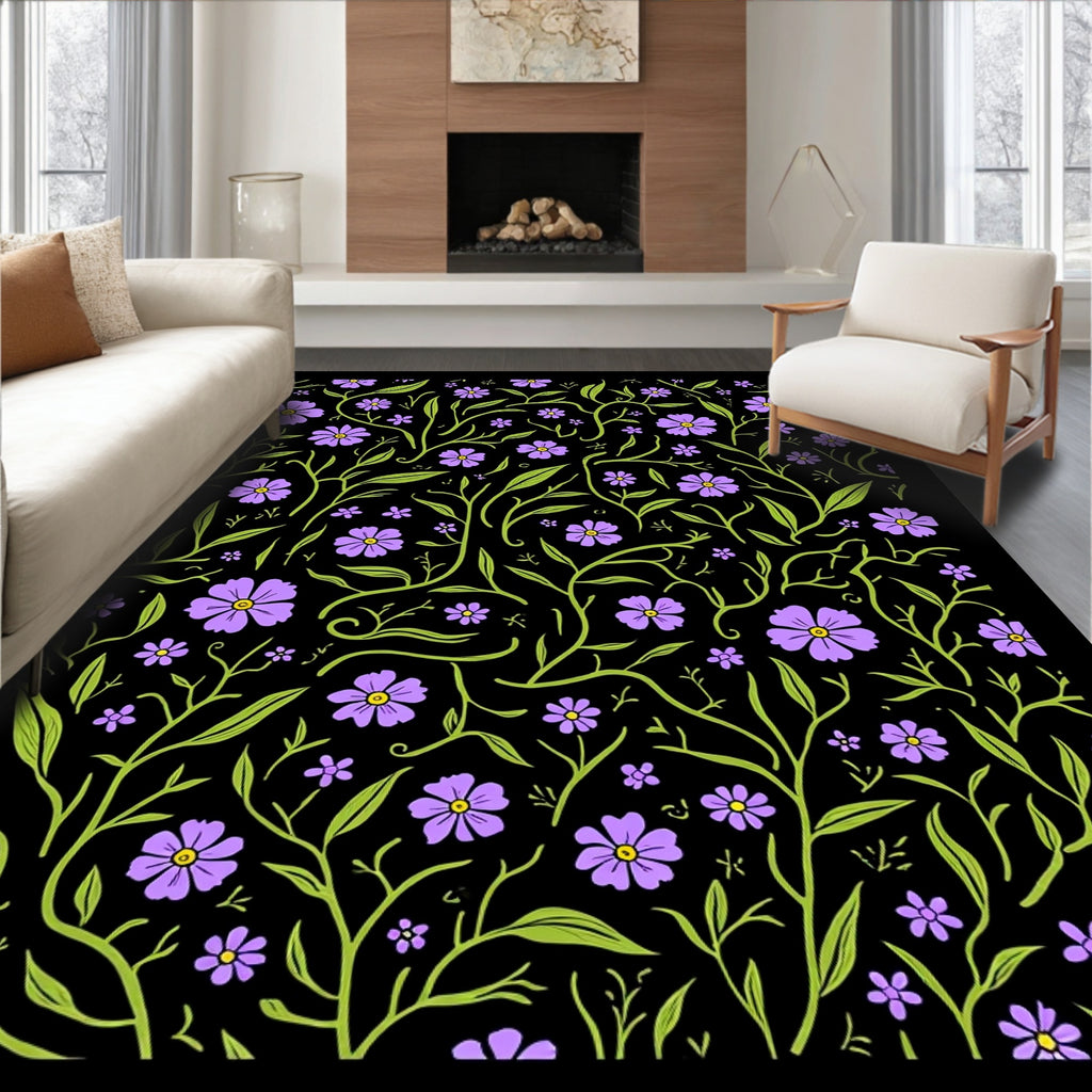 Floral Vine Pattern With Purple Flowers Rug