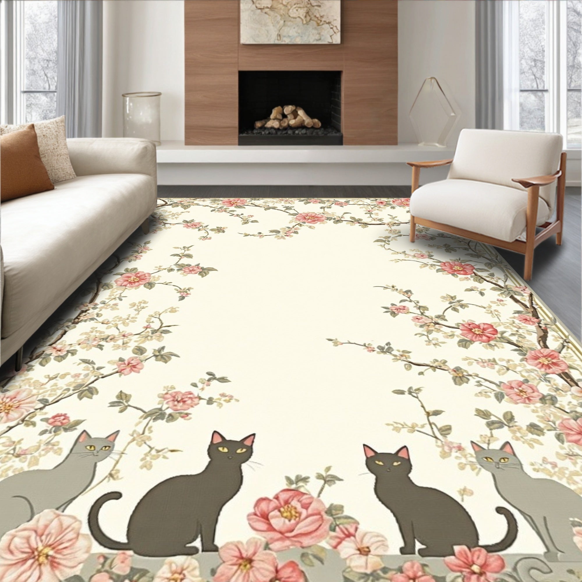 Floral Vine With Cats Pattern Rug