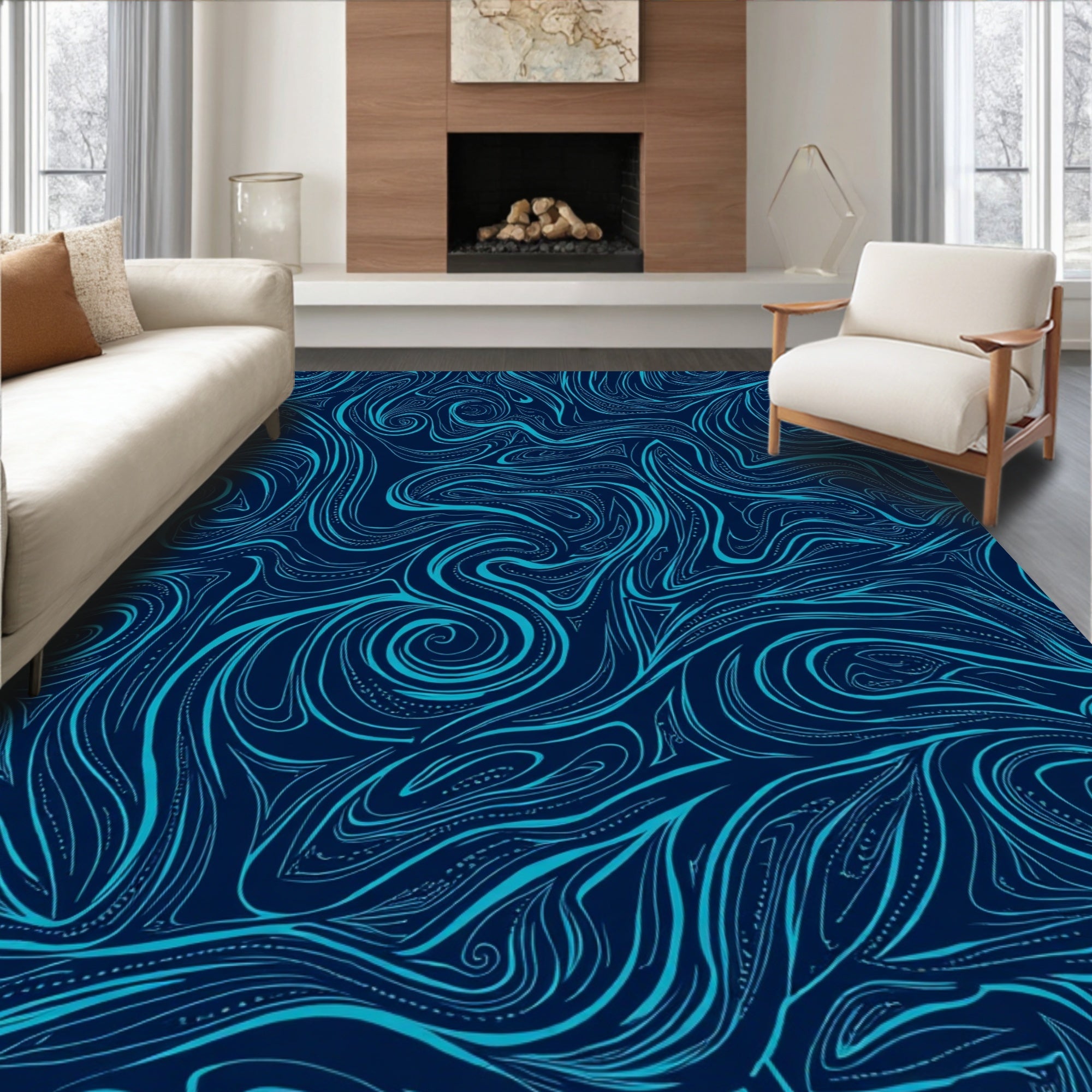 Deep Blue Swirling Lines Pattern Rug