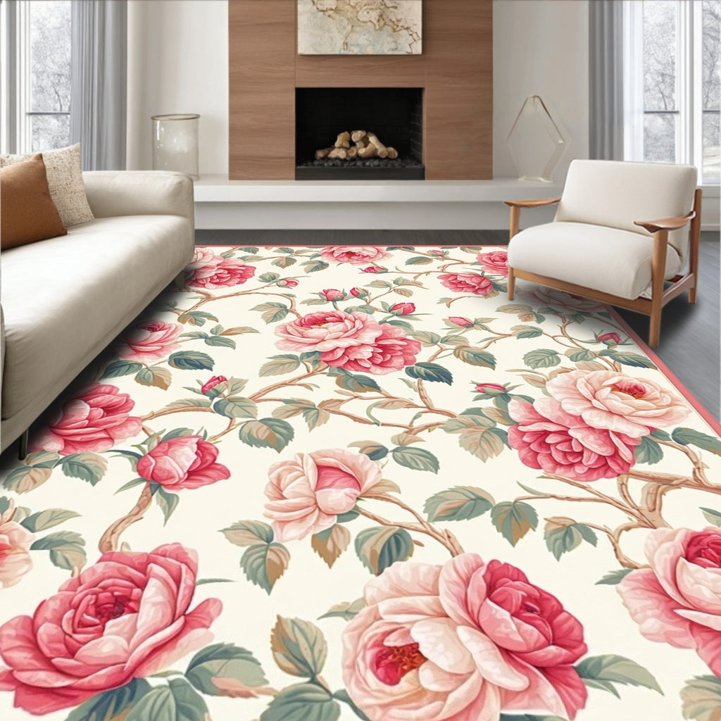 Pink Roses Vine Pattern Rug
