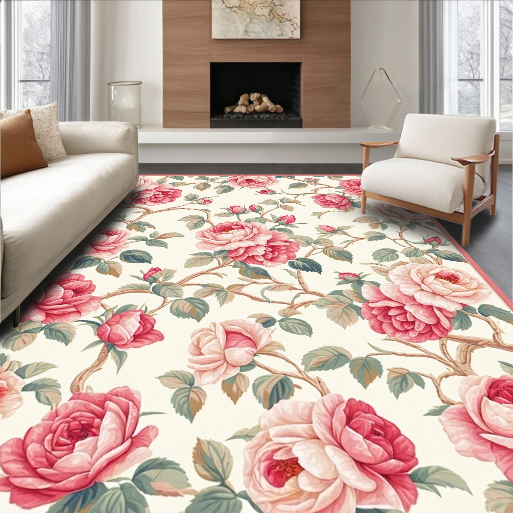 Pink Roses Vine Pattern Rug
