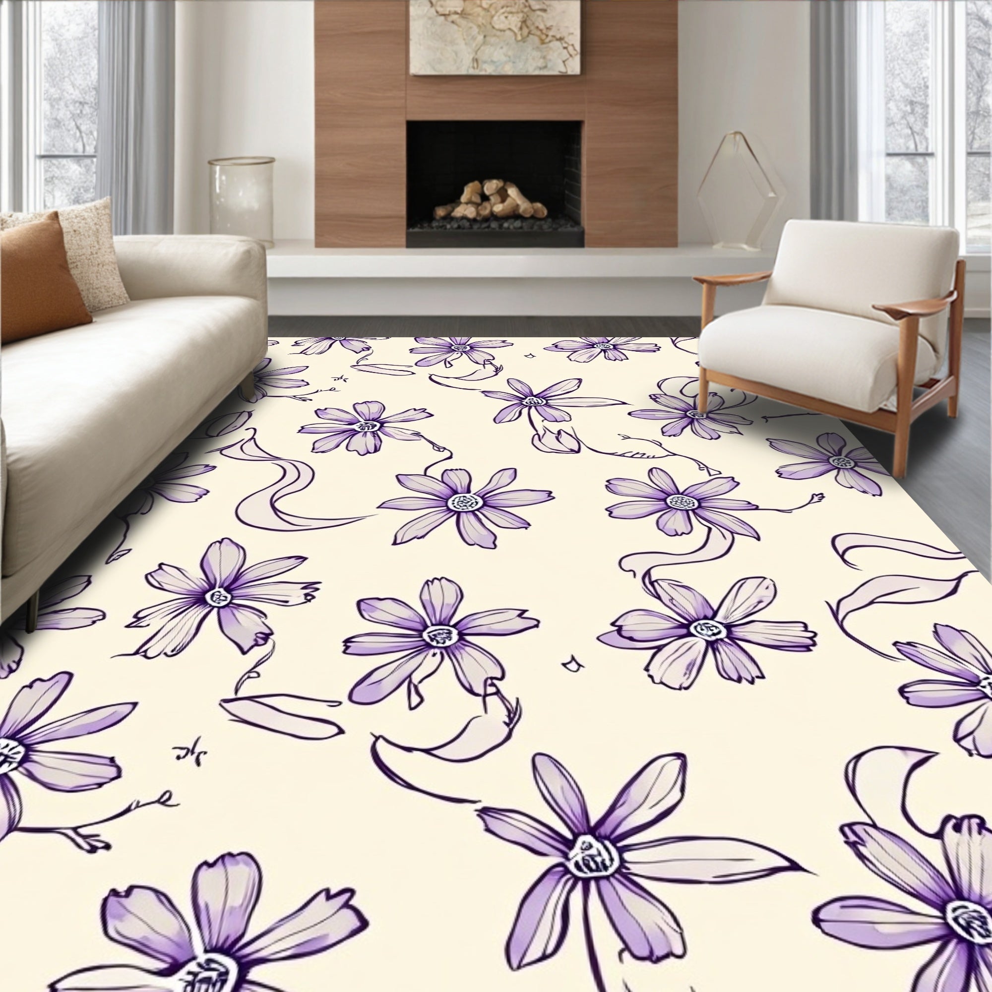 Purple Floral Sketch Pattern Rug