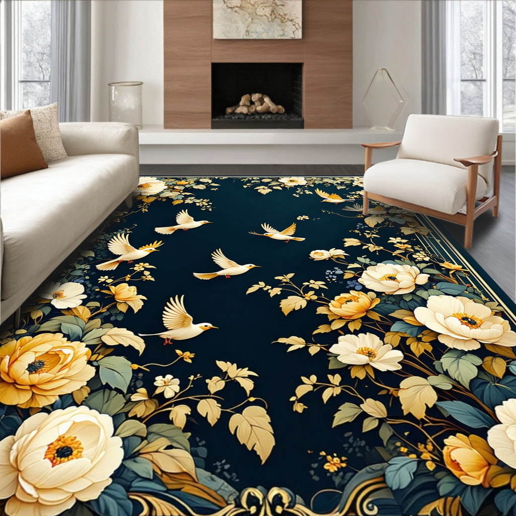 Floral Birds On Deep Blue Canvas Rug