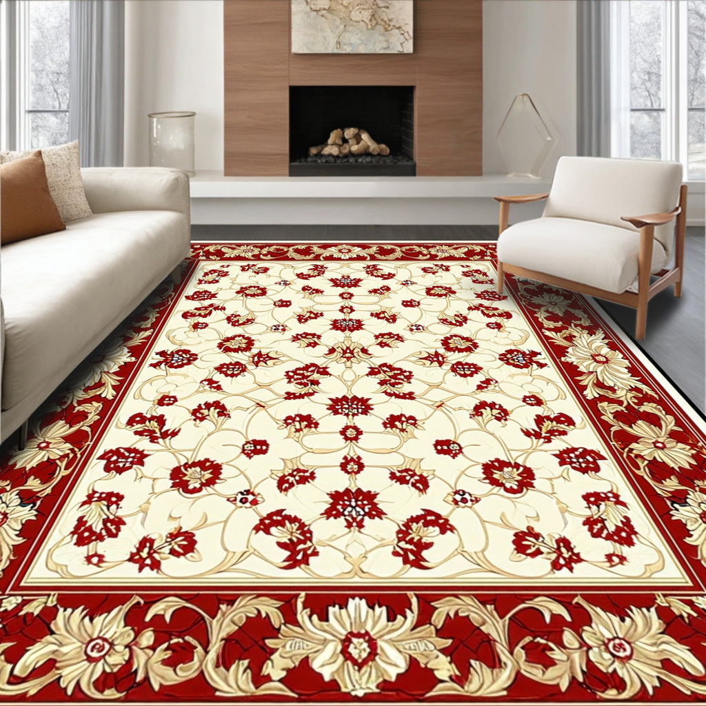 Intricate Floral Red Cream Tile Pattern Rug