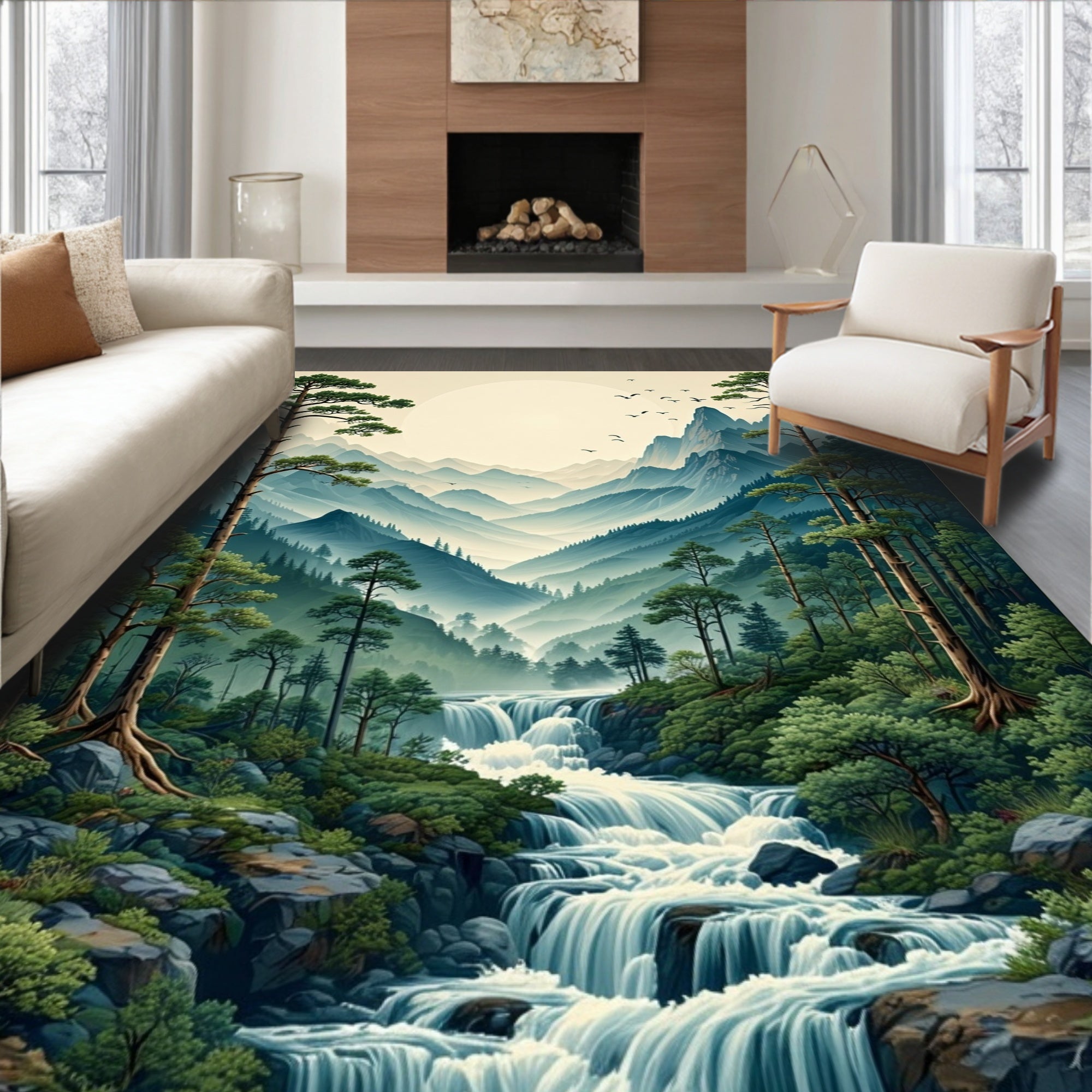 Misty Mountain Waterfall Landscape Scene Rug