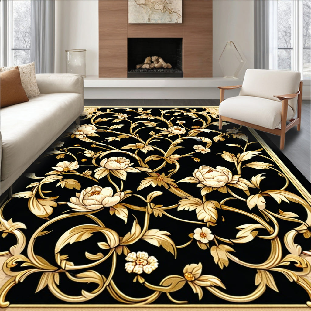 Elegant Black Gold Floral Scroll Rug