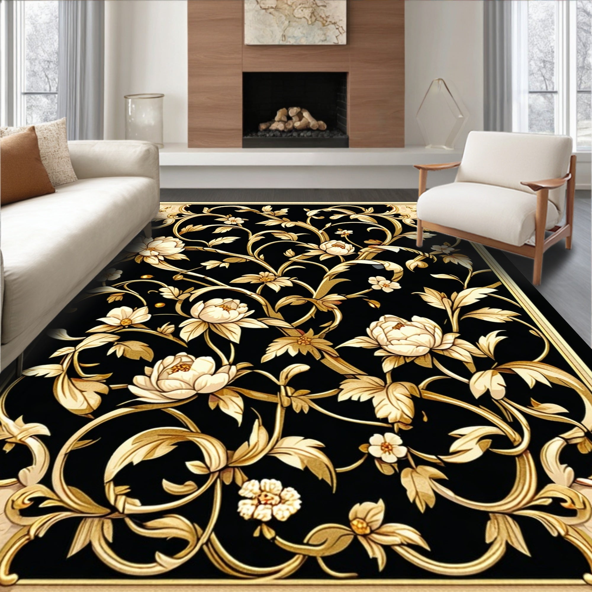 Elegant Black Gold Floral Scroll Rug