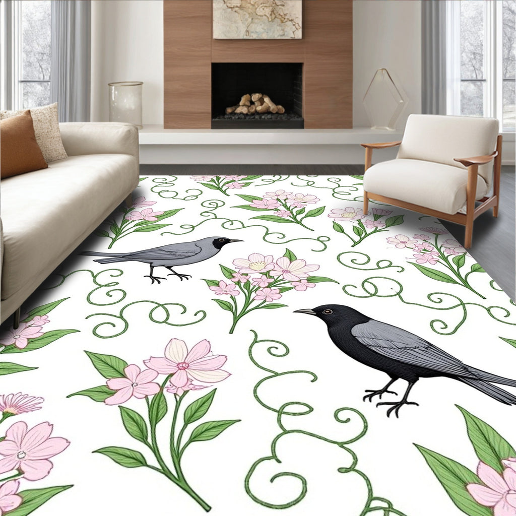 Charming Birds and Blossoms Pattern Rug