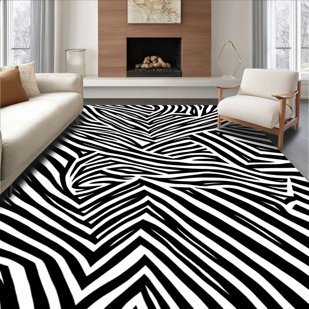 Bold Black White Wavy Stripes Rug