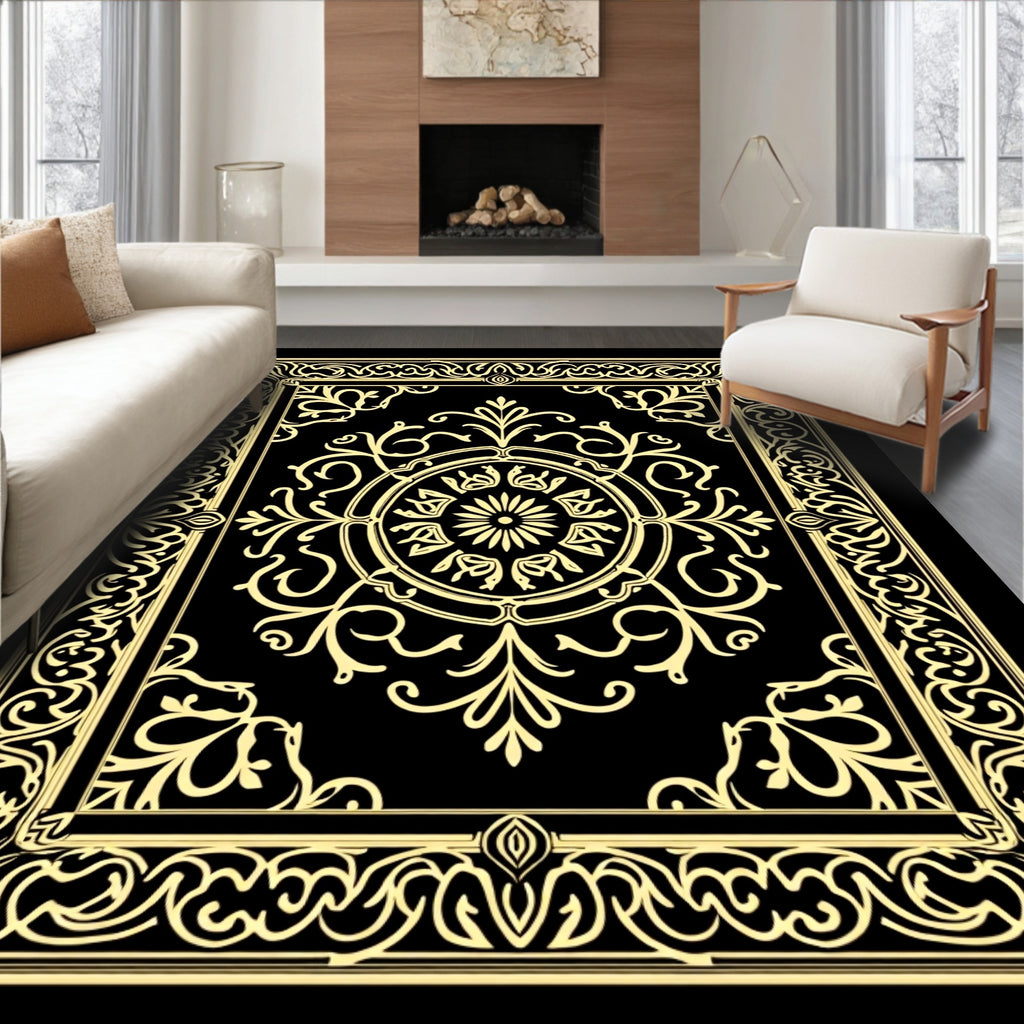 Golden Black Ornate Medallion Scroll Rug