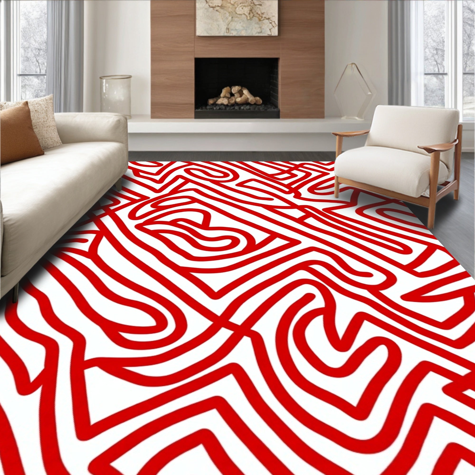 Vibrant Red Abstract Line Swirl Rug