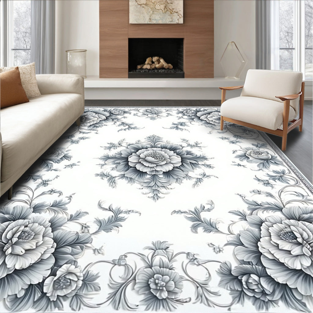Elegant Gray Floral Scrollwork Pattern Rug