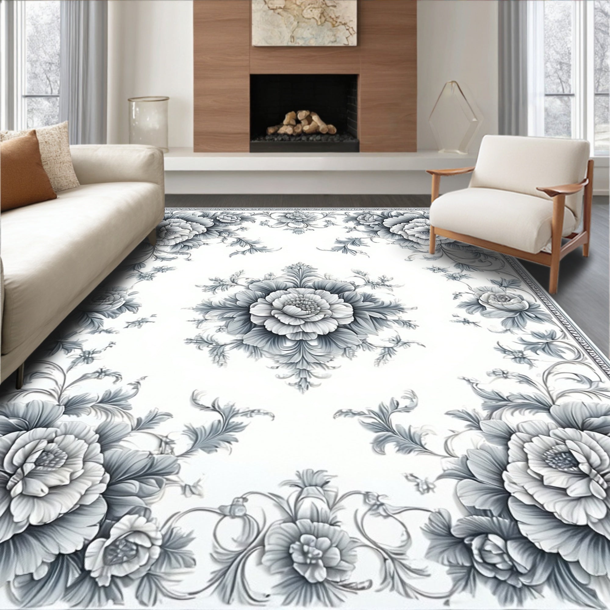Elegant Gray Floral Scrollwork Pattern Rug