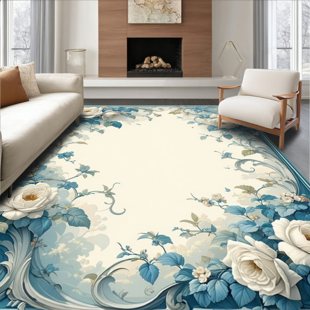 Elegant White Rose Floral Scroll Rug