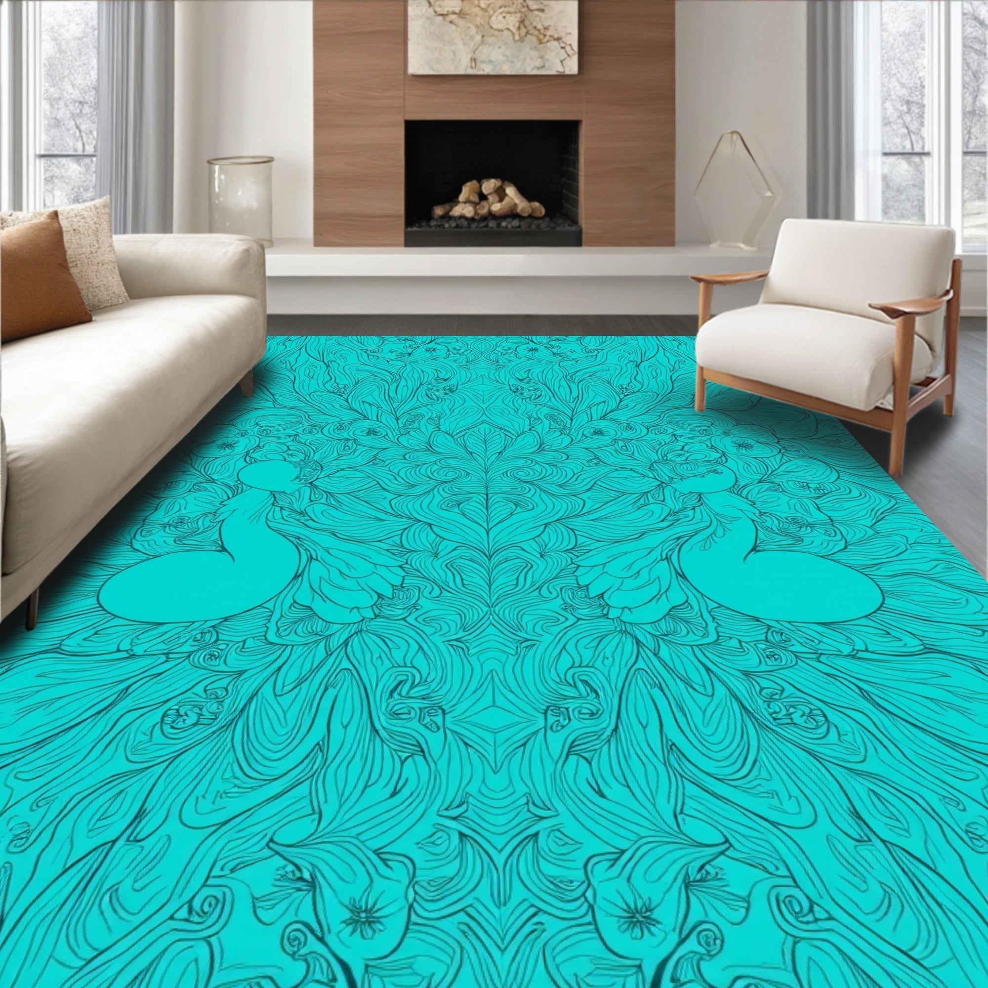Symmetrical Teal Feathered Silhouette Design Rug