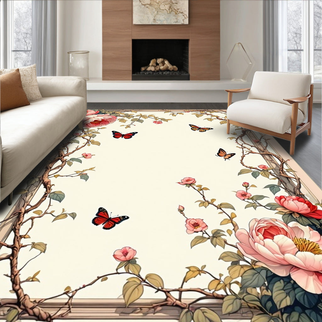 Elegant Floral Butterfly Vine Design Rug