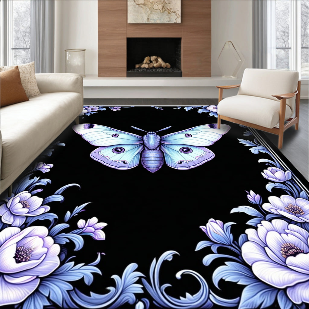 Elegant Lavender Moth Floral Frame Rug