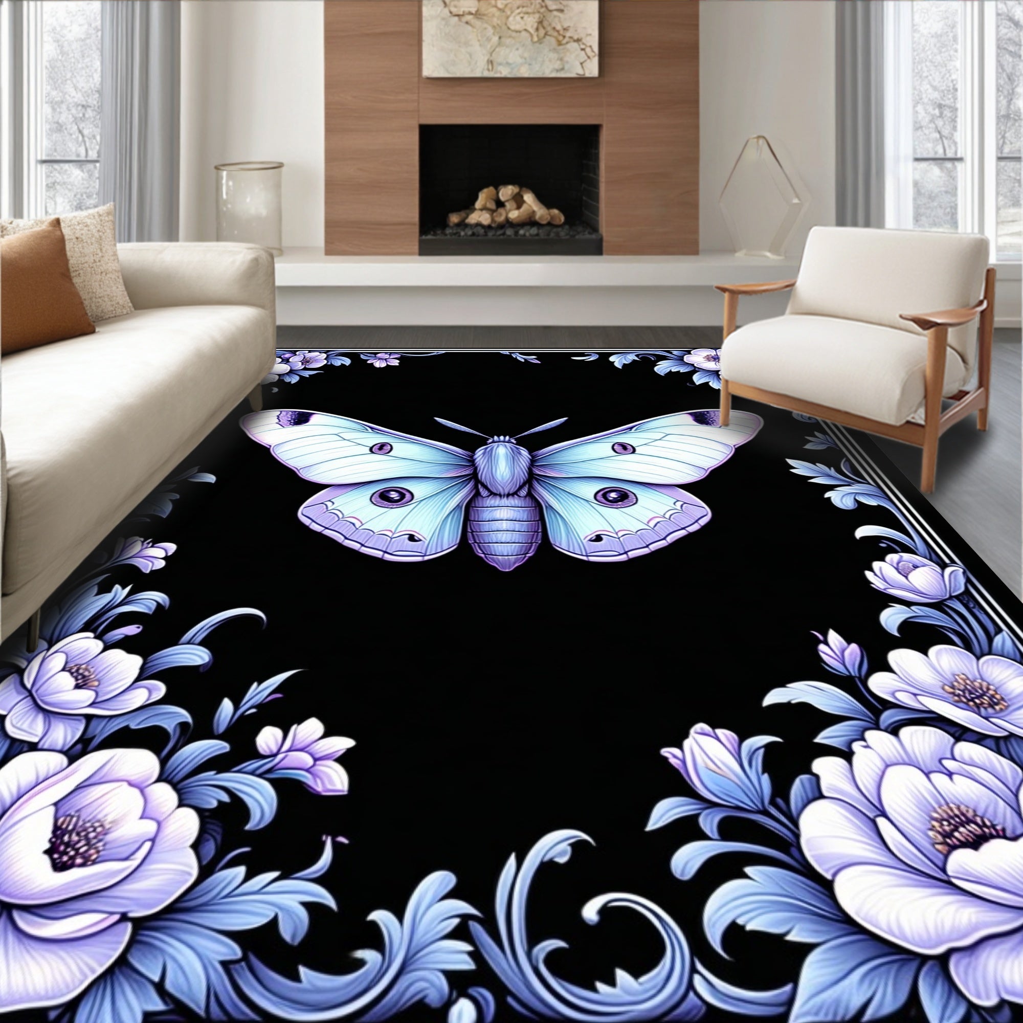 Elegant Lavender Moth Floral Frame Rug