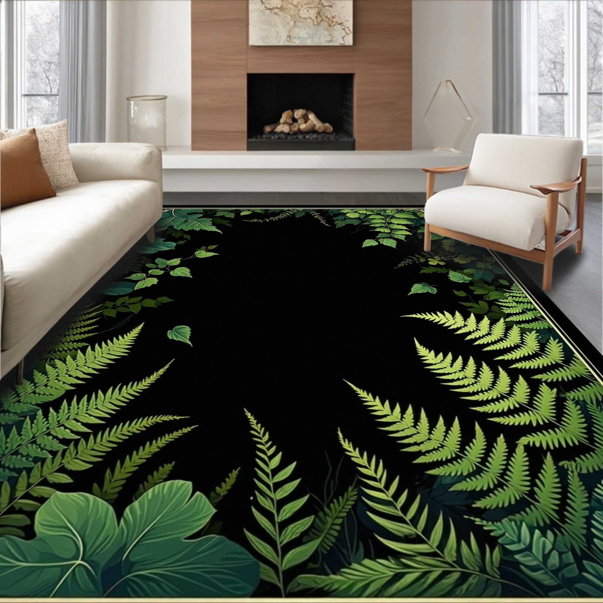 Green Fern Foliage Classic Border Design Rug
