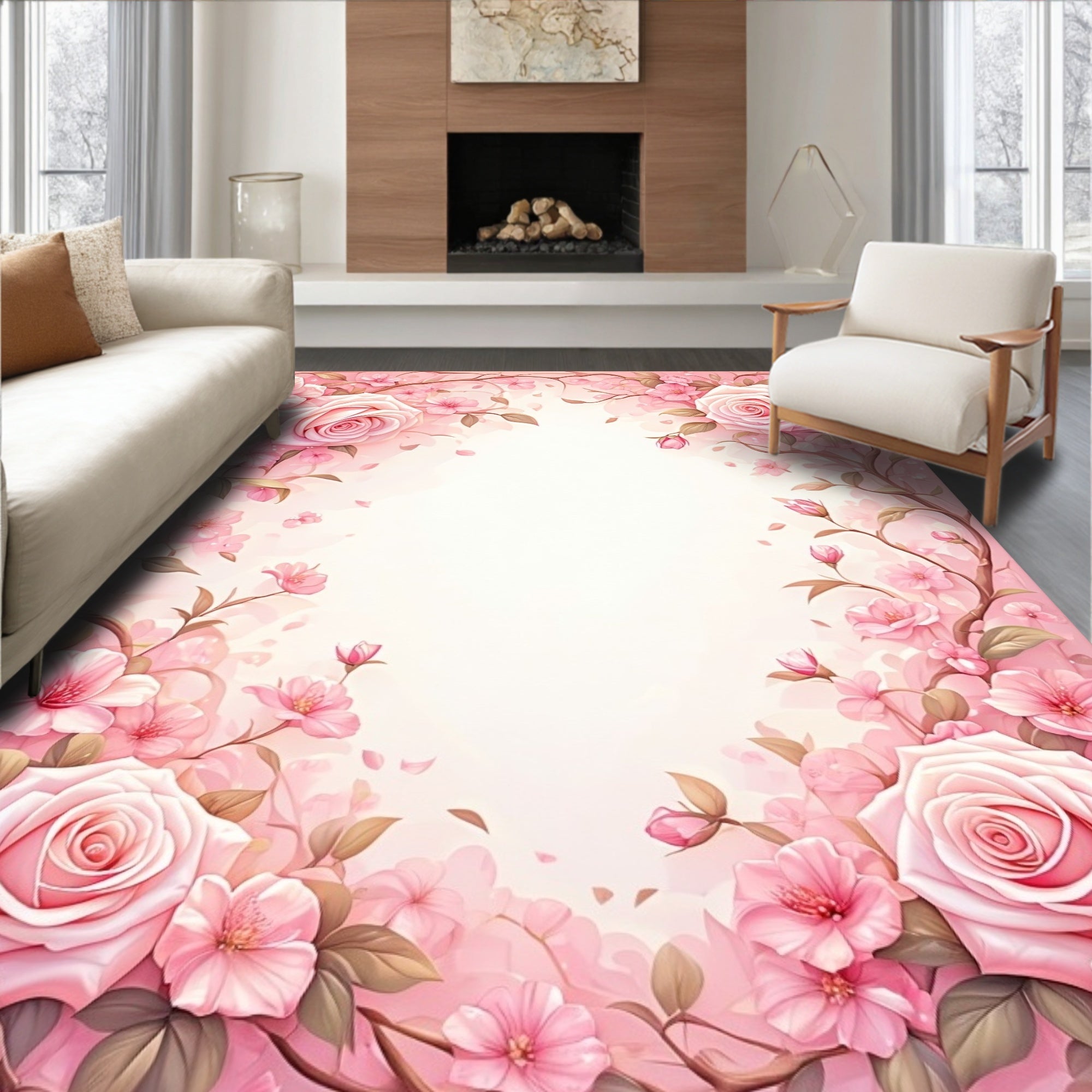 Soft Pink Blossom Rose Garden Rug
