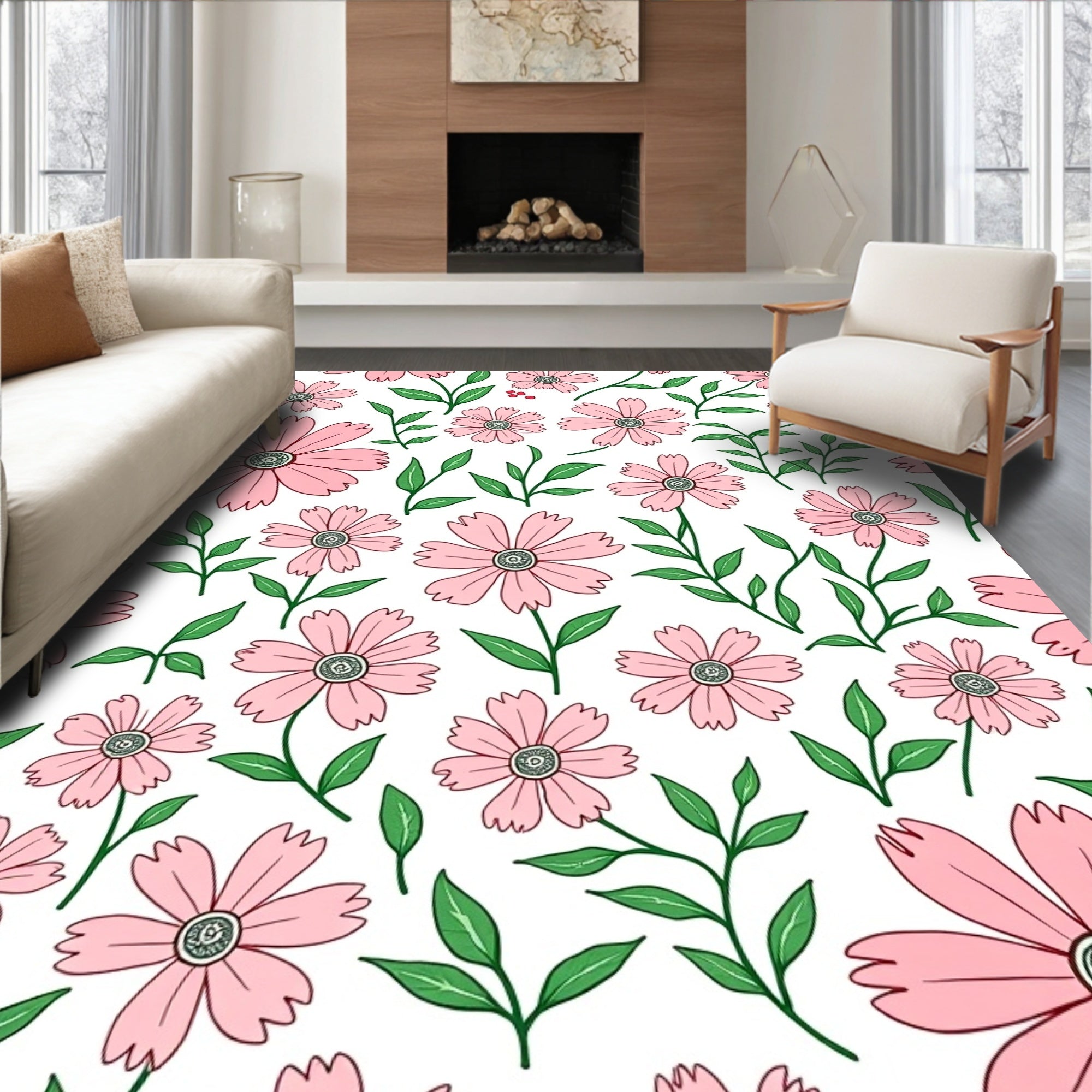 Pink Blossom Leafy Floral Pattern Rug