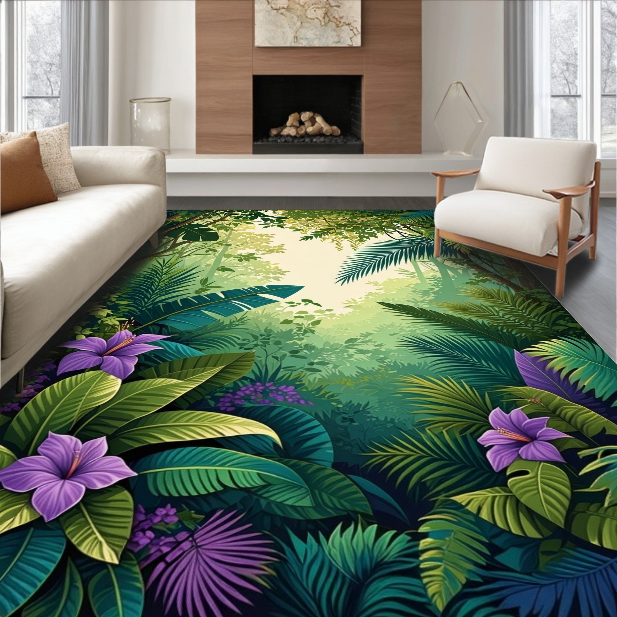 Lush Jungle Floral Leaf Pattern Rug