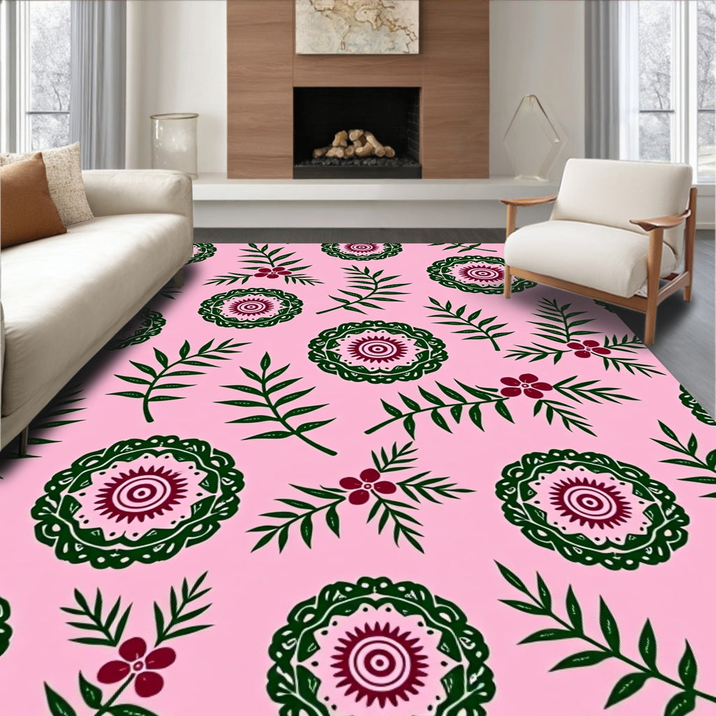 Pink Floral Green Medallion Branches Rug