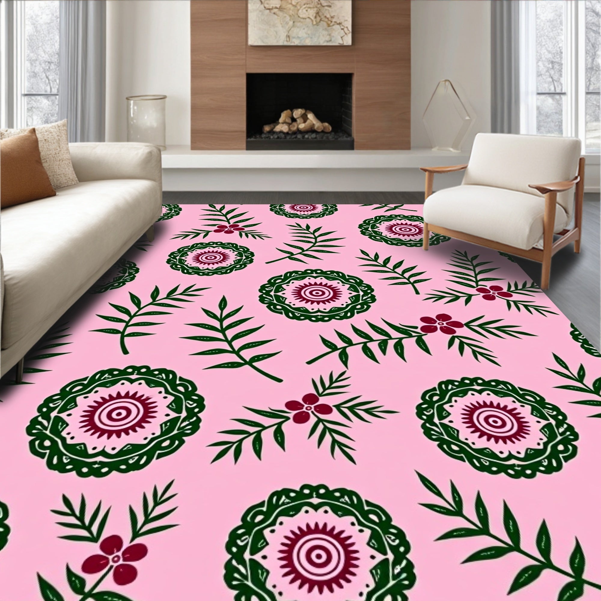 Pink Floral Green Medallion Branches Rug
