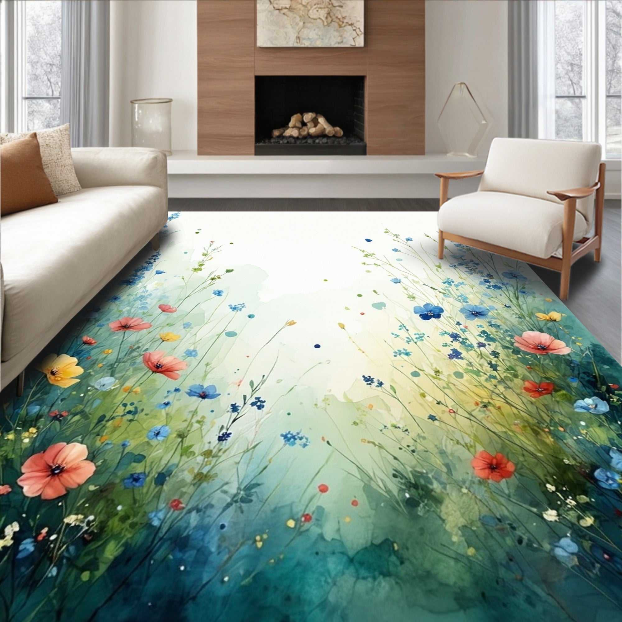 Whimsical Wildflower Meadow Watercolor Design Rug