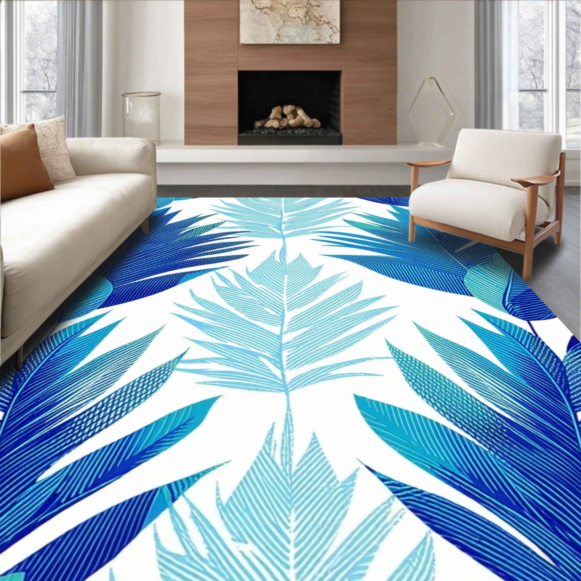 Blue Tropical Leaf Pattern Rug