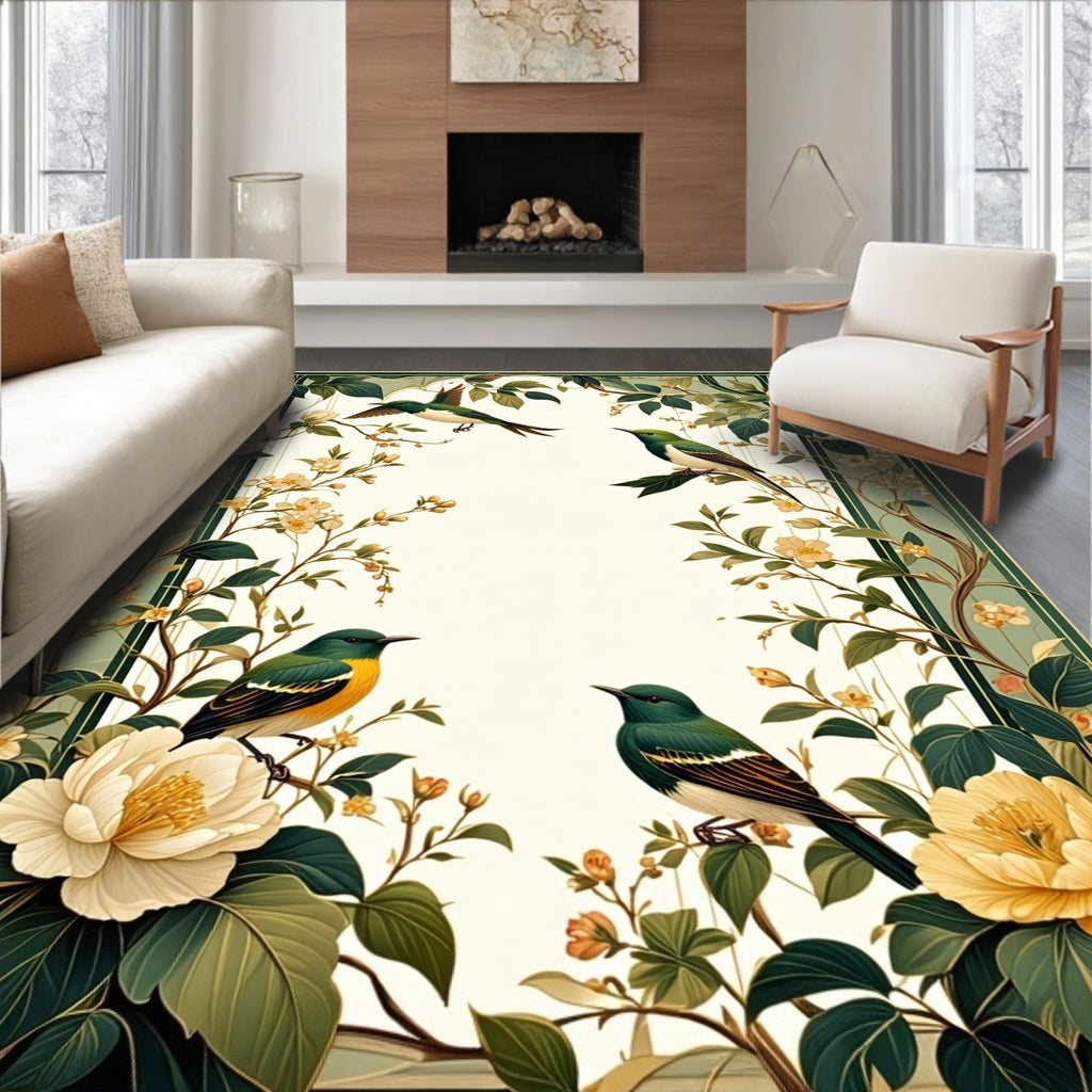 Green Birds Among Cream Flowers Rug