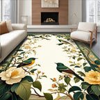 Green Birds Among Cream Flowers Rug