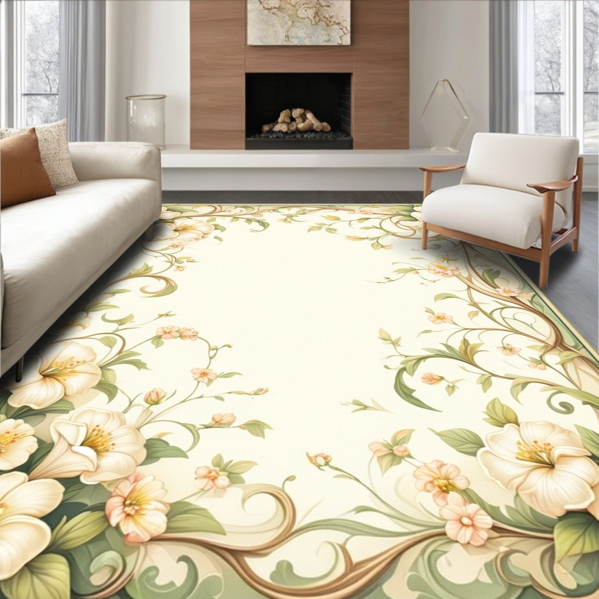 Floral Vine And Scrollwork Design Rug