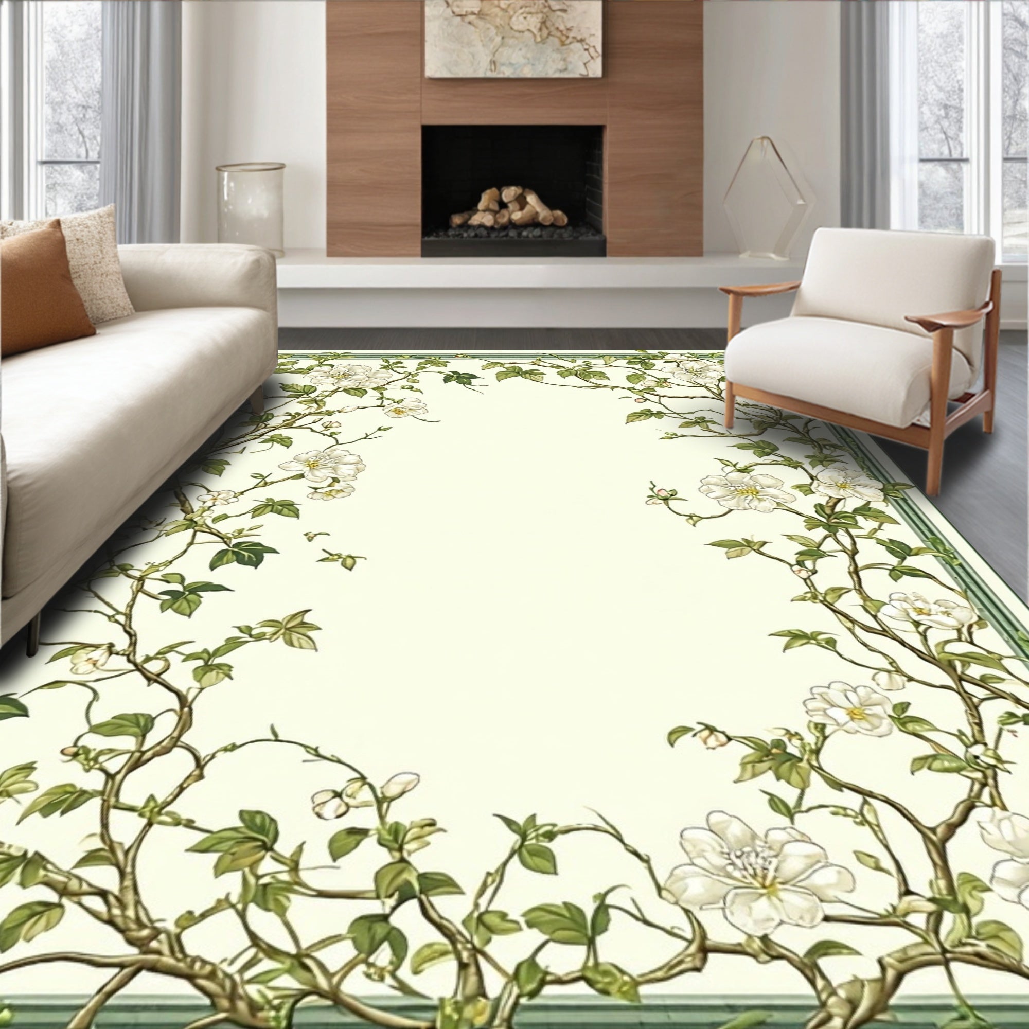 Delicate Blooming Vine Border Design Rug