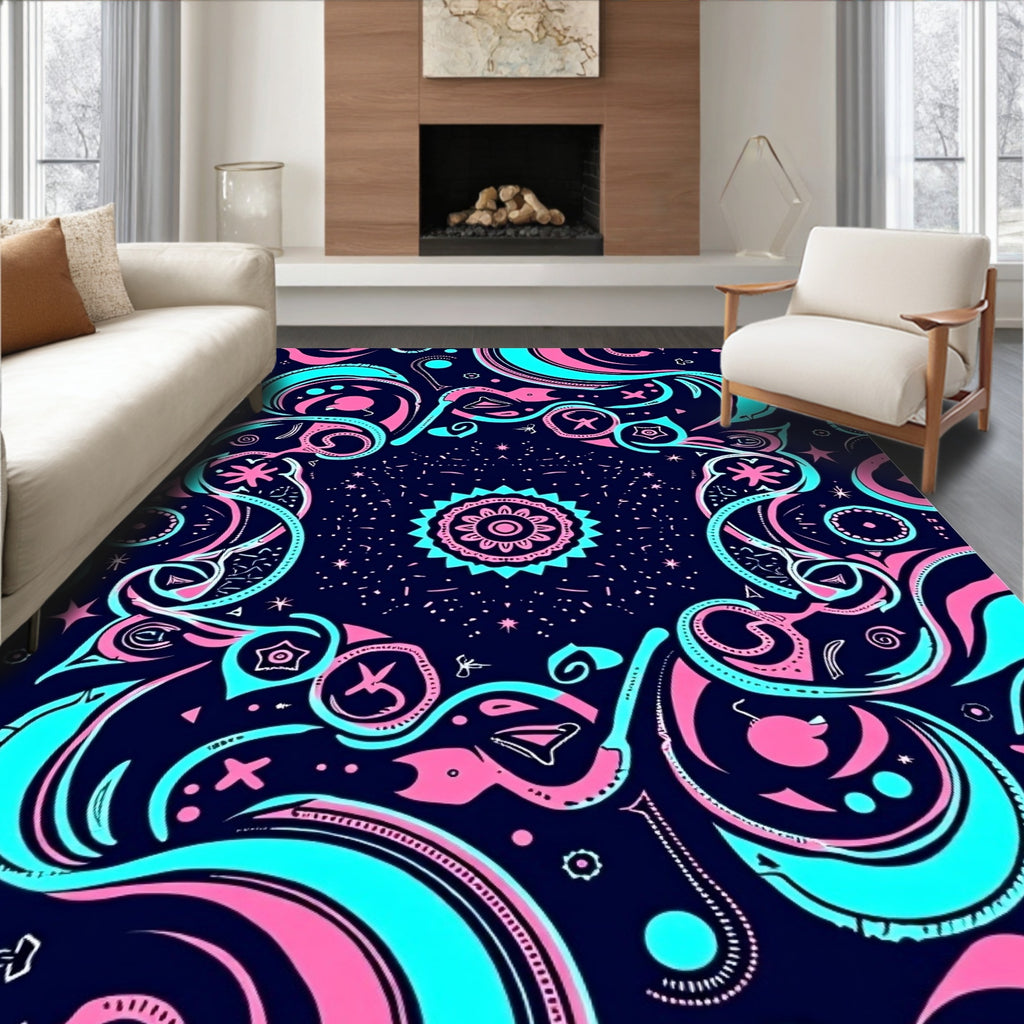 Whimsical Pink Teal Starburst Medallion Rug