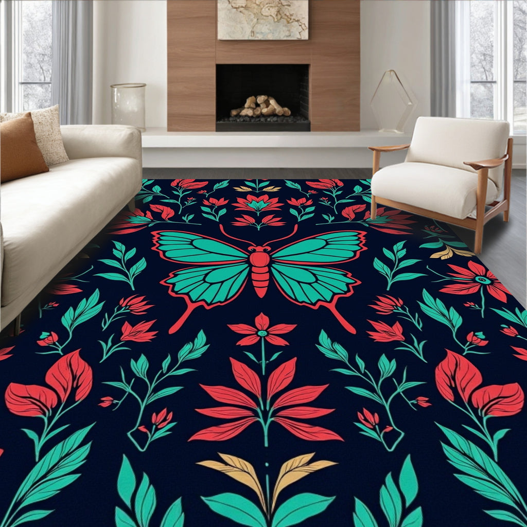 Floral Butterfly Teal Coral Pattern Rug