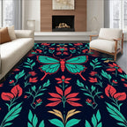 Floral Butterfly Teal Coral Pattern Rug