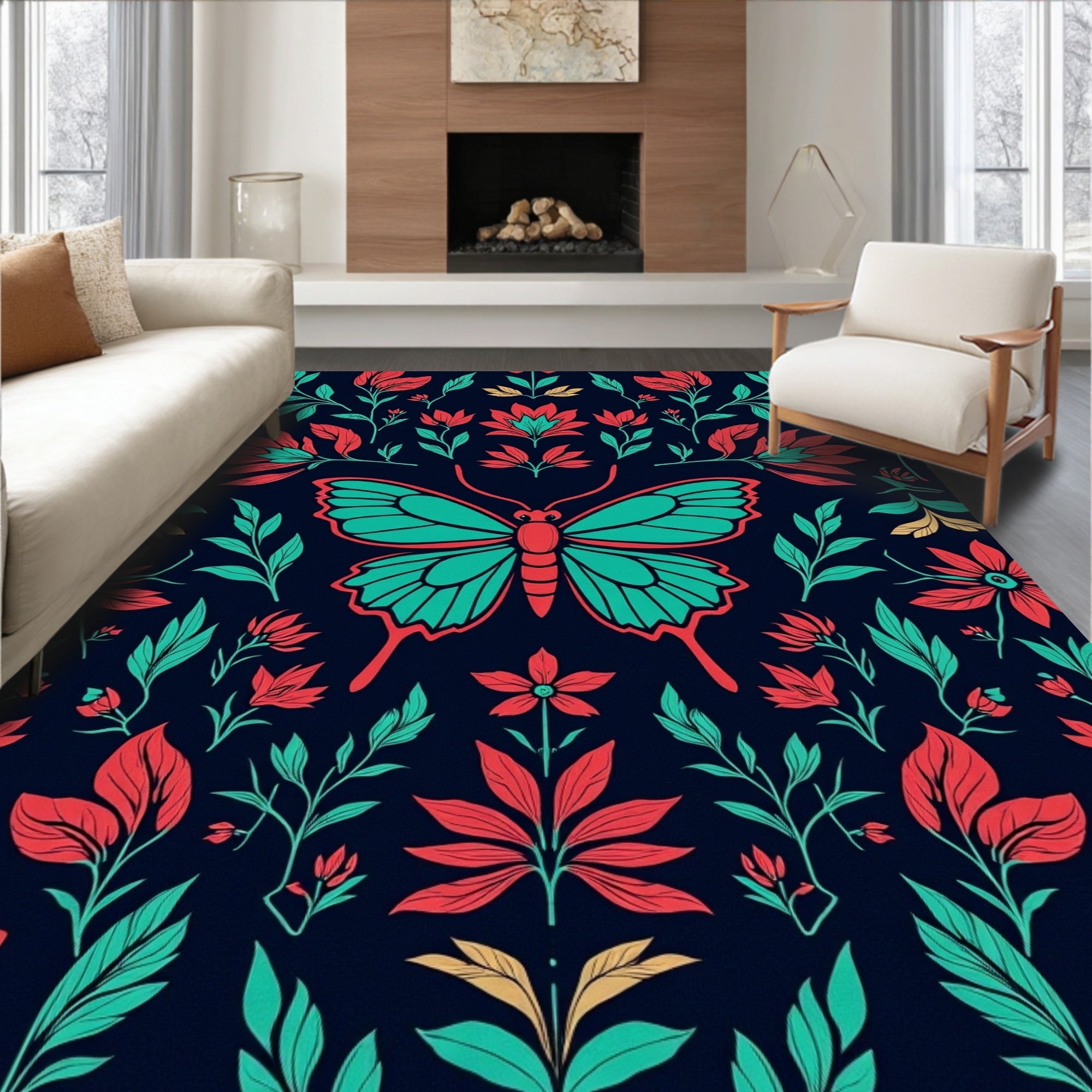 Floral Butterfly Teal Coral Pattern Rug