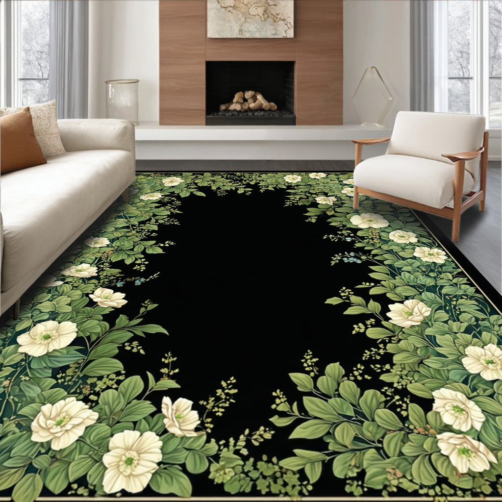 Elegant White Floral Vine Border Rug