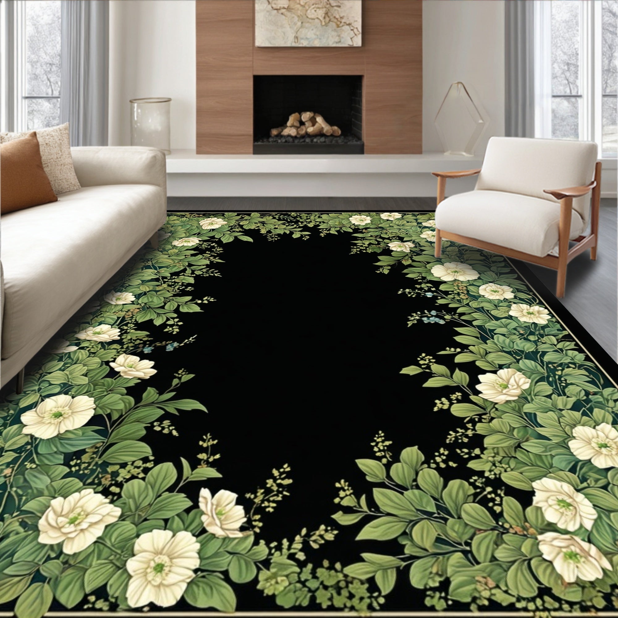Elegant White Floral Vine Border Rug
