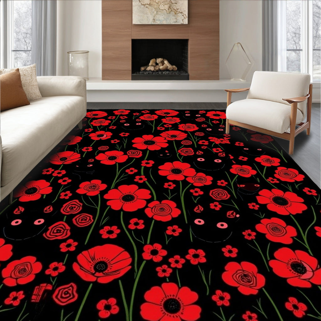 Red Poppy Black Cat Floral Pattern Rug