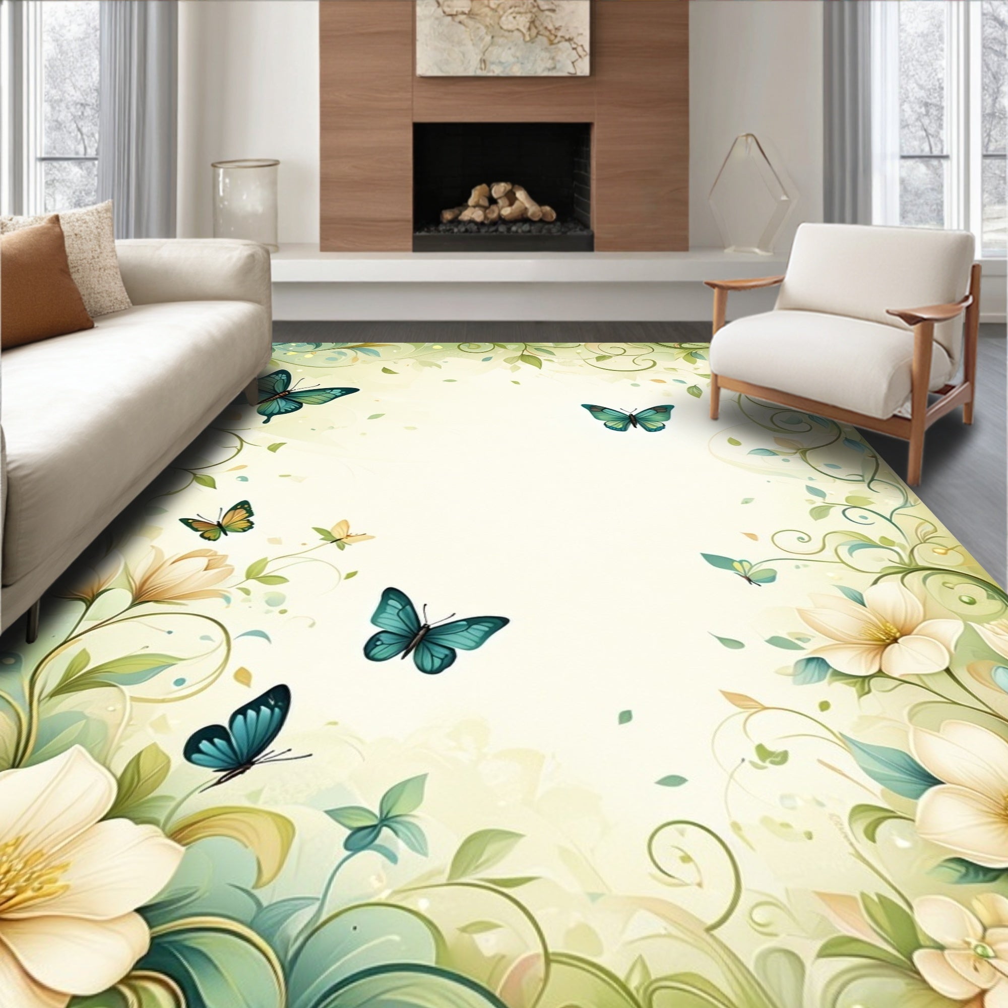 Verdant Floral Swirls With Butterflies Rug