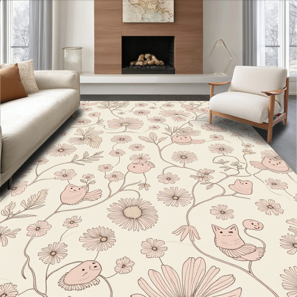 Whimsical Floral Cat Pattern Design Rug